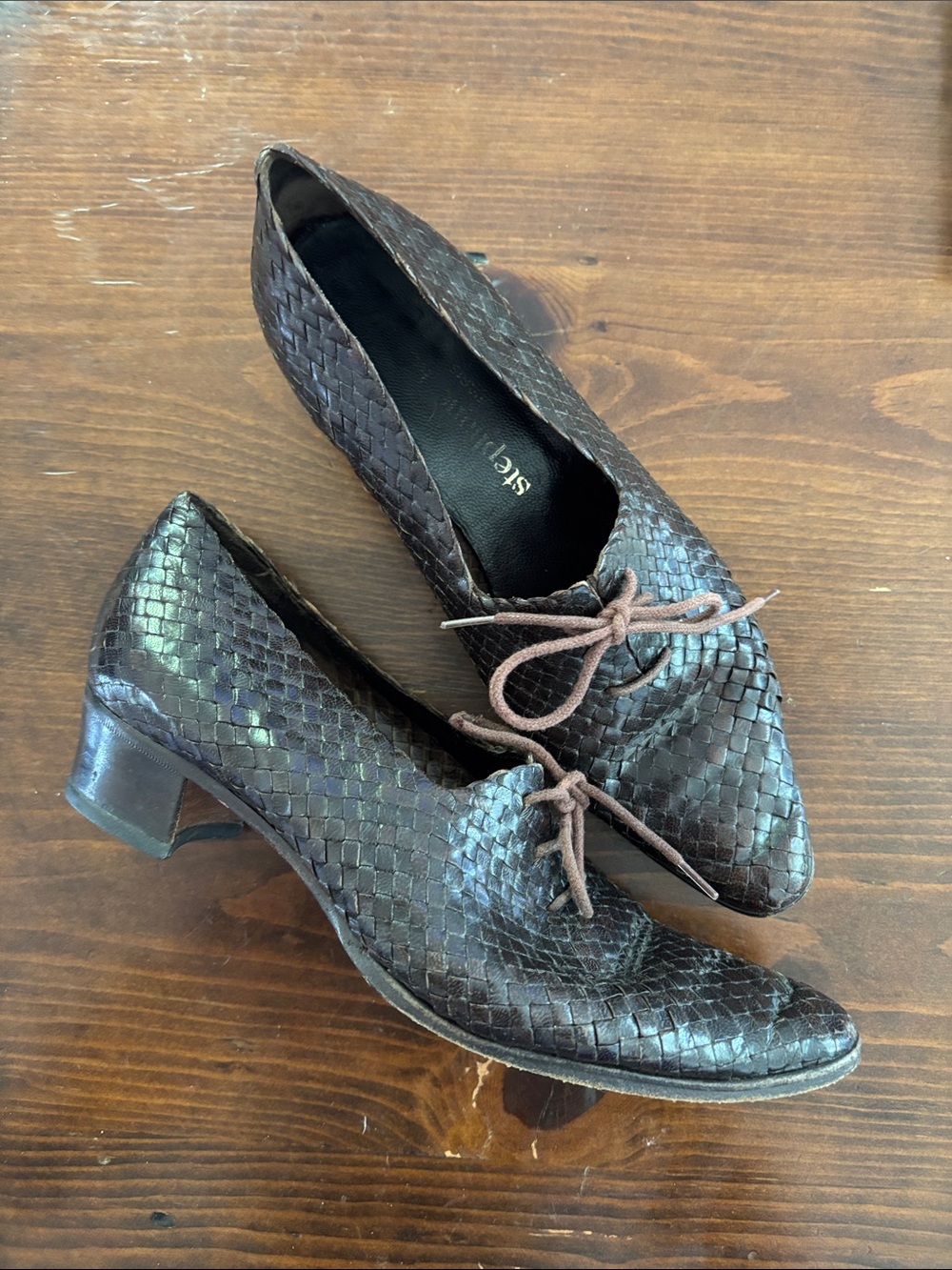 VINTAGE STEPHANE KELIAN-PARIS BROWN WOVEN LEATHER OXFORDS, SIZE 7